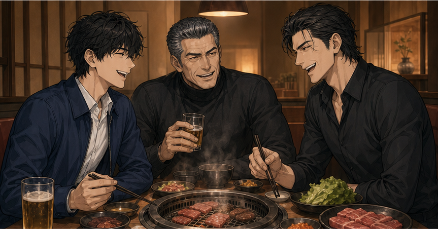 焼肉店で笑う悠真と亮